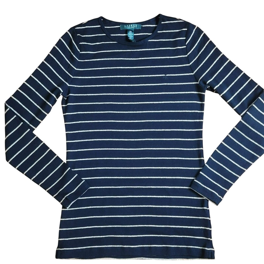 Ralph Lauren LRL Tee PM Petites Long Sleeve Crew Neck Striped Black Gold